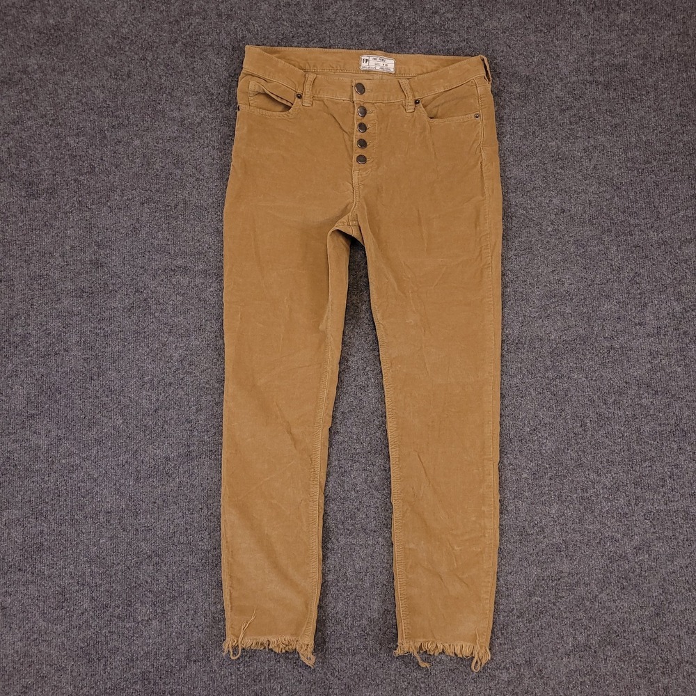 Free People Corduroy Pants Sz 29x26 Mid Rise Stretch Button Fly Tapered Raw Hem‎